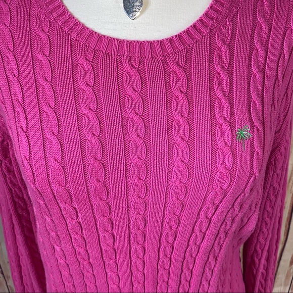 🚫SOLD🚫 Lilly Pulitzer Pink Green Palm Tree Cable Knit Crew Neck Cotton Sweater - Picture 4 of 6